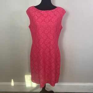 Chaps Womens Pink Floral Lace Sleeveless Boat Neck Sheath Dress Size 14